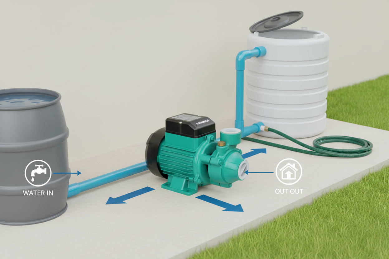 مضخة شيمغ QB60 L1 بقدرة نصف حصان و220 فولت مع مروحة صغيرة، مناسبة لتعزيز ضغط المياه ونقل المياه النظيفة للاستخدامات المنزلية والزراعية الخفيفة.