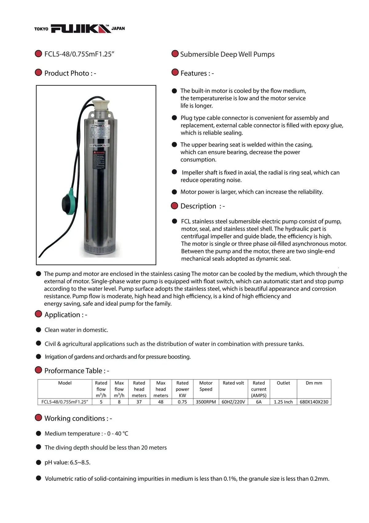 مضخة غاطسة للمنازل والفلل 0.75 كيلوواط 220 فولت | FUJIKA Deep Well Pump 0.75kW 220V for Homes & Villas