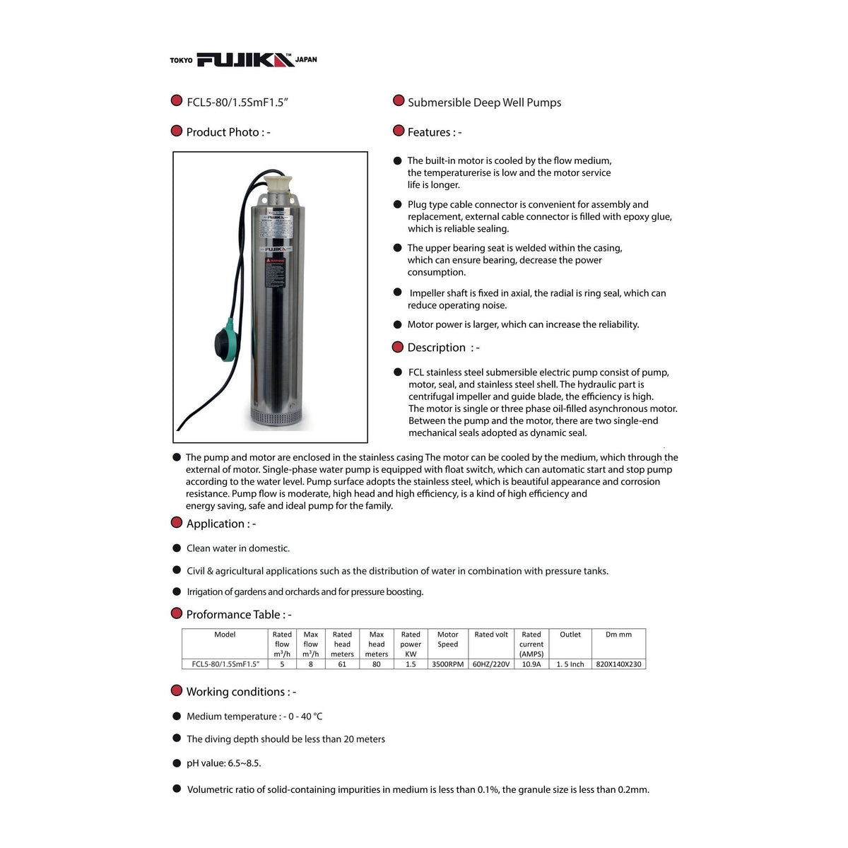 مضخة غاطسة ستانلس 1.5 كيلوواط 220 فولت | FUJIKA Stainless Steel Deep Well Water Pump 1.5kW 220V