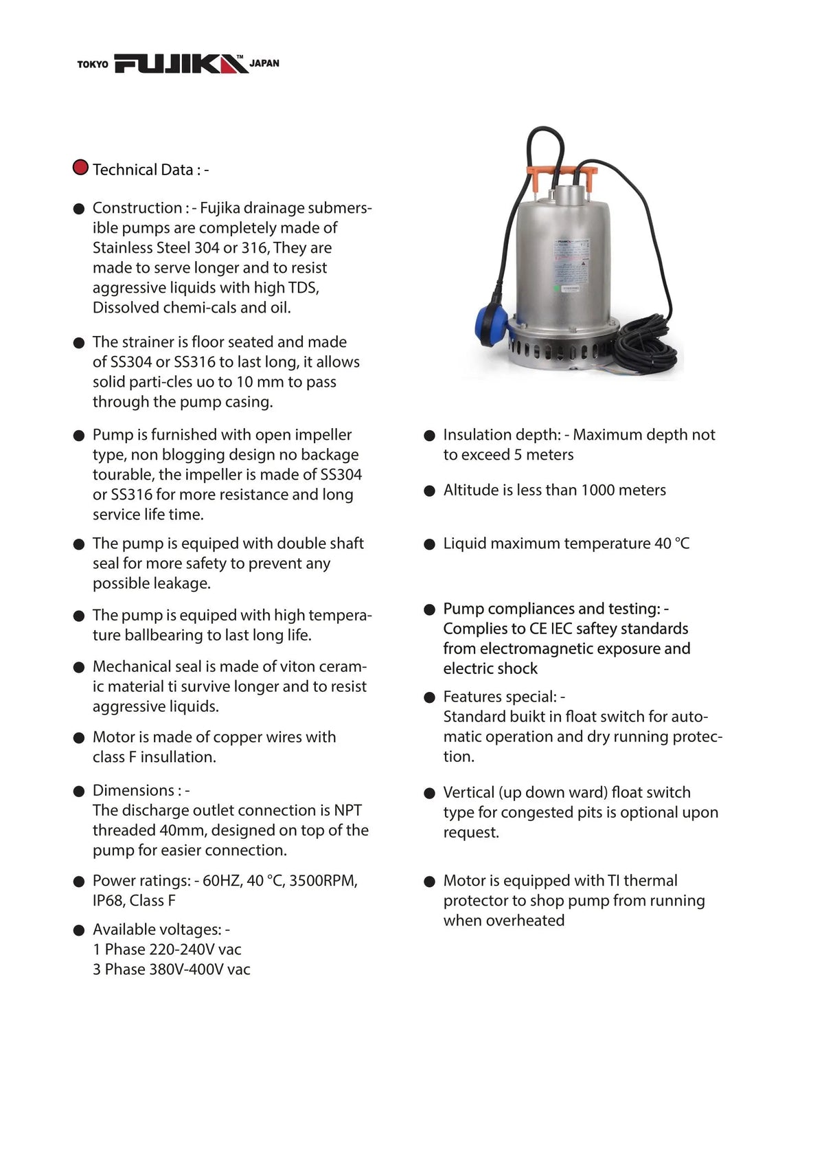 مضخات غاطسة للنوافير وتصريف المياه ستانلس ستيل 304 و316 | FDSS Stainless Steel Submersible Pumps for Fountains & Drainage
