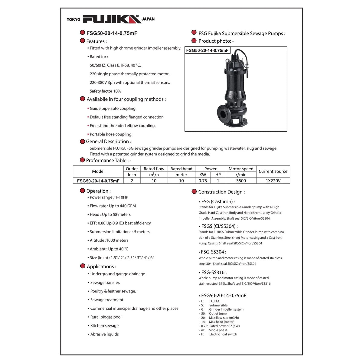مضخة صرف صحي غاطسة مع فرامة | FUJIKA FSG Grinder Pump