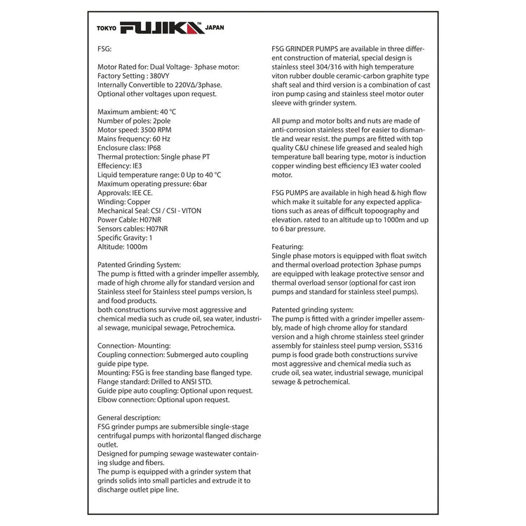 مضخة صرف صحي غاطسة مع فرامة | FUJIKA FSG Grinder Pump
