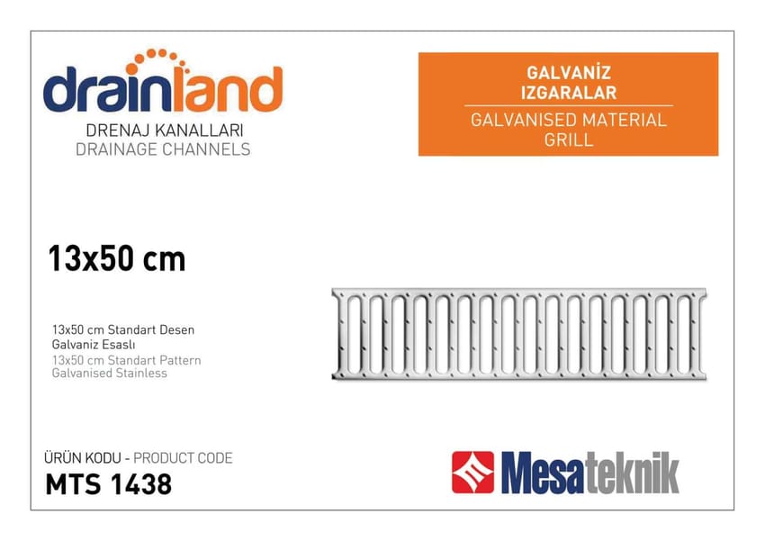 غطاء قناة تصريف ستانلس ستيل 304 من Drainland / Mesateknik (13×50 سم)