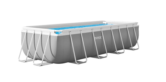 Intex rectangular above-ground pool on a white مجموعة حمام سباحة مستطيل بإطار بريزم 4 × 2 × 1 متر إنتكس |