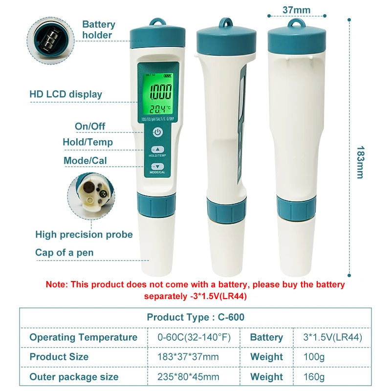 جهاز قياس جودة المياه 7 في 1 من WESTTUNE | Digital Water Quality Tester PH TDS EC Salt Temperature