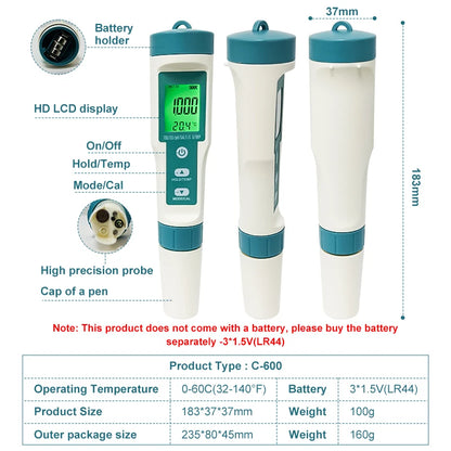 جهاز قياس جودة المياه 7 في 1 من WESTTUNE | Digital Water Quality Tester PH TDS EC Salt Temperature