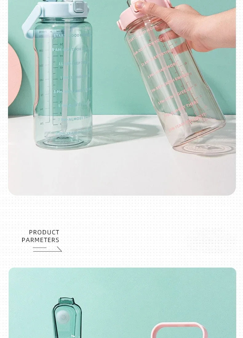 قارورة مياه 2 لتر رياضية | Water Bottle with Straw & Time Marker