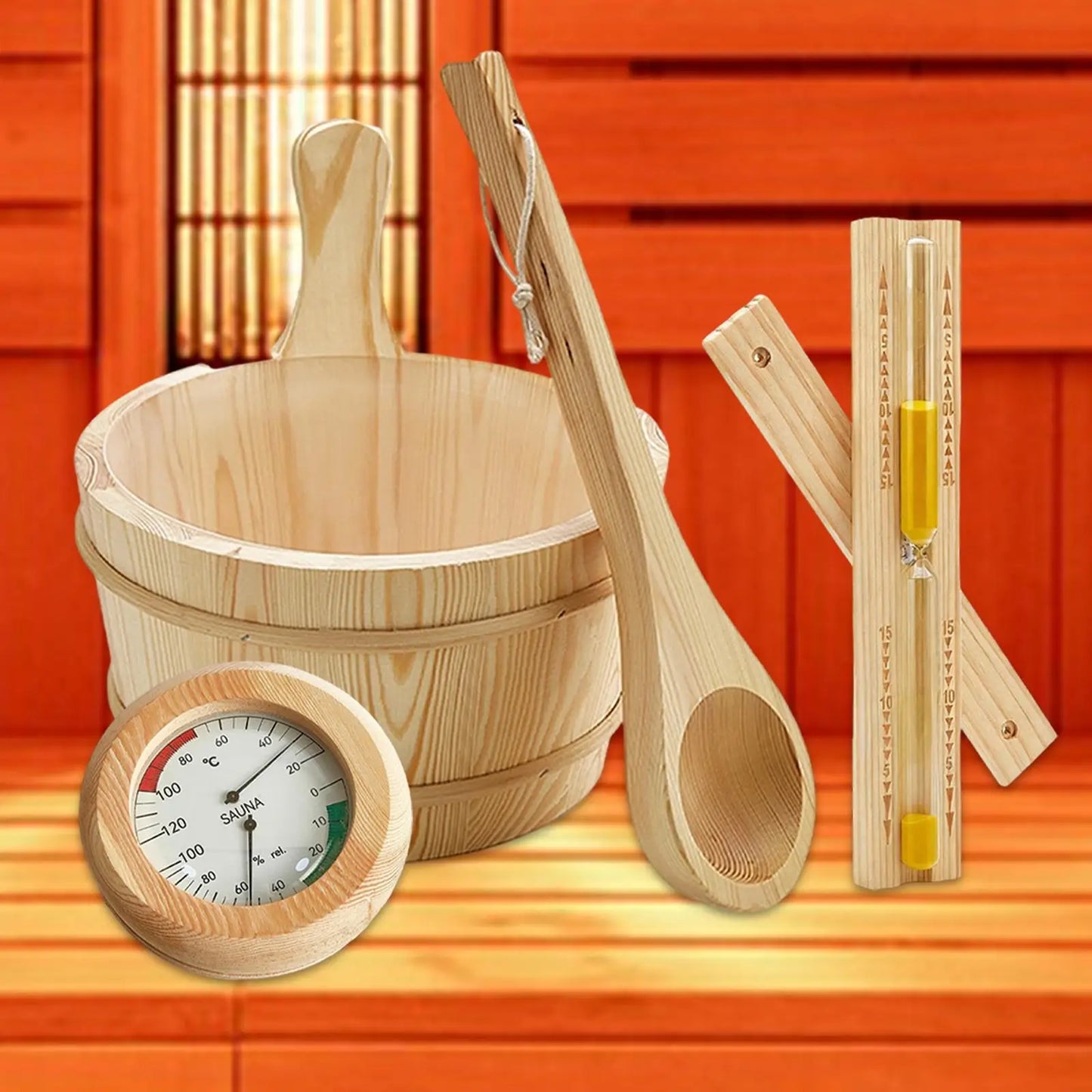 طقم إكسسوارات ساونا خشبي 4 لتر | Sauna Accessories Set with Wooden Bucket 4L