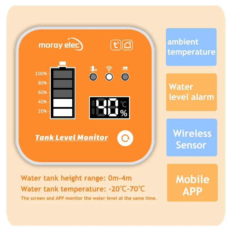 حساس مستوى المياه الذكي Tuya بشاشة LCD | Ultrasonic Water Tank Level Sensor