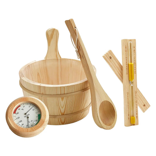 طقم إكسسوارات ساونا خشبي 4 لتر | Sauna Accessories Set with Wooden Bucket 4L