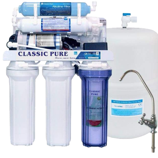 جهاز تحلية المياه المنزلي Classic Pure التايواني 7 مراحل بتقنية التناضح العكسي RO لتنقية مياه الشرب وإزالة الأملاح والشوائب والملوثات وتحسين جودة المياه.