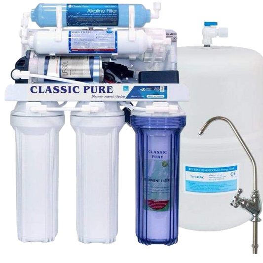 جهاز تحلية المياه المنزلي Classic Pure التايواني 7 مراحل بتقنية التناضح العكسي RO لتنقية مياه الشرب وإزالة الأملاح والشوائب والملوثات وتحسين جودة المياه.