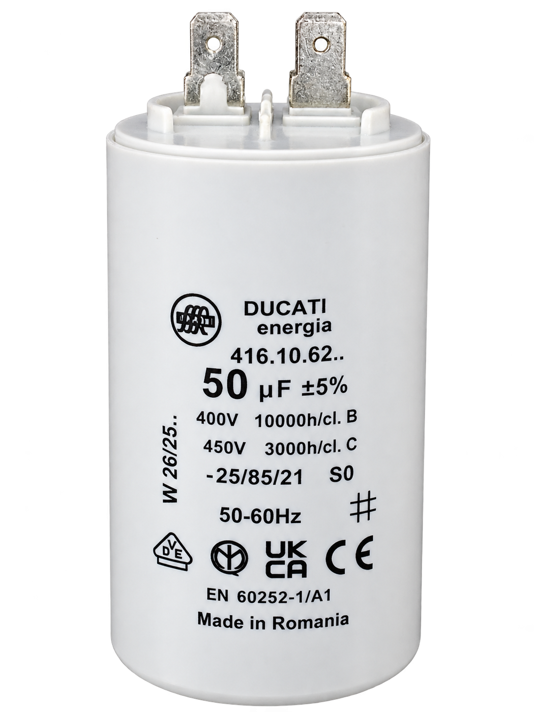 Ducati Energia 416.10.62 50µF motor run capacitor on transparent background