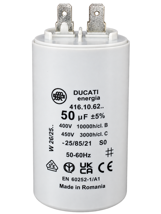 Ducati Energia 416.10.62 50µF motor run capacitor on transparent background